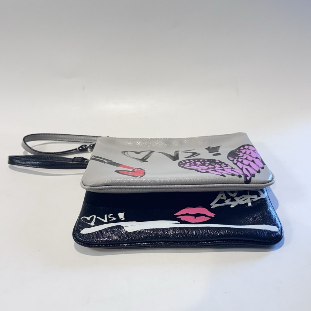 Victoria's Secret Zipper Wristlet Make up Cosmetic Bag (2) Gray & Black Graphics - Picture 9 of 14